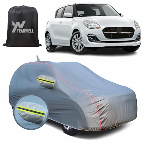 Image of Car Body Cover for Maruti Swift (2012-2017), 100% Waterproof, Heat-Resistant with Mirror & Antenna Pockets, Soft Cotton Lining, Triple Stitched, Green Reflector (Metallic Grey)
