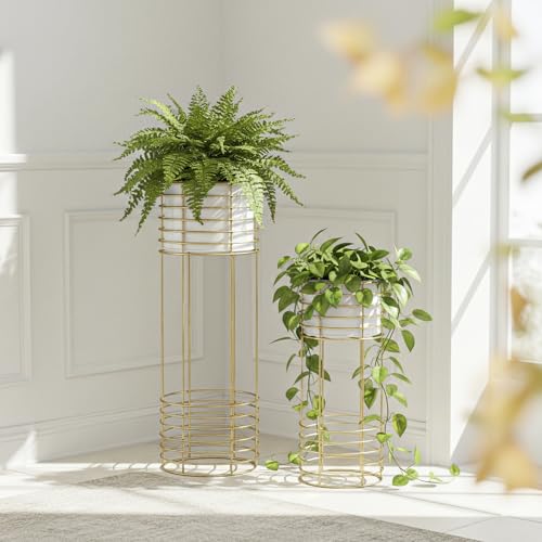Image of Metal Floor Planter with Stands (Set of 2), Modern Tall Planter for Home Decor, Decorative Plantpot for Living Room Balcony Office, Big Plant Stand with Pots (Plants not Included) (White Pot & Gold Stand)