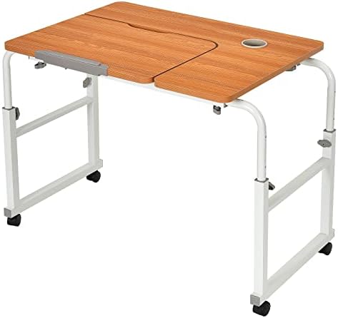Multigot Overbed Table, Adjustable Laptop Study Desk with Rolling Wheels, Home Office Mobile Computer Workstation (Teak)