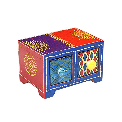 CAPRILO. Especiero Multicolor Decorativo de Madera y Cerámica Indio con 2 Cajones. Cajas Multiusos. Regalos Originales. Menaje de Cocina y Despensa. Decoración Hogar. 14 x 12 x 9 cm.