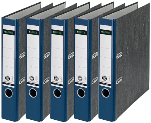 Leitz Qualitäts-Ordner, das Original, DIN A4 Aktenordner 5 cm breit, Wolkenmarmor-Papier, Recycling-Ordner, Blauer Engel, Mit 180° Mechanik, Höchste Stabilität (Schmal, Blau, 5 Stück)