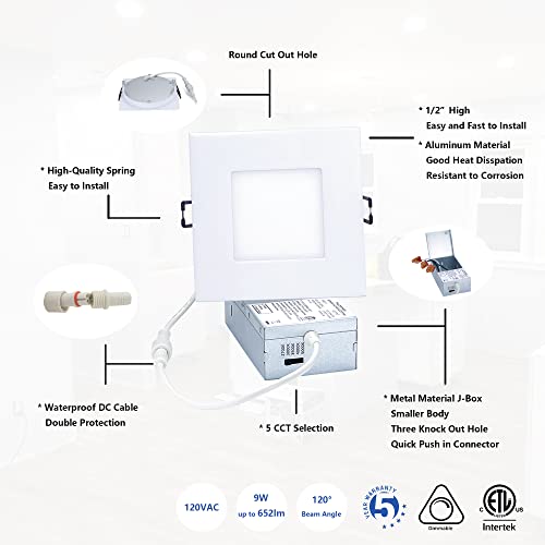 Popanu 4-Inch Led Canless Recessed Slim-Downlight 5 Cct Adjustable Dimmable Recessed Lights Fixture With Junction Box, Ceilling Light With Junction Box, 2700-5000K, 9W, White Square Finish, 6 Pack #TOP3