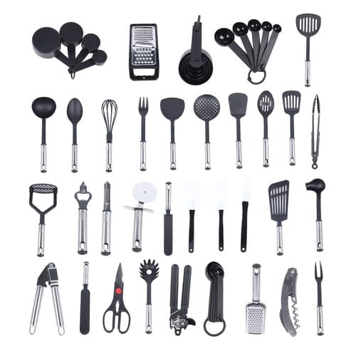 Juego de utensilios de cocina, 40 piezas, antiadherente, utensilios de cocina con mango de acero inoxidable, apto para lavavajillas, nailon y acero inoxidable