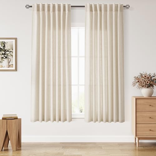 Image of Linen Curtains 63 Inch Long for Living Room Cream Beige 2 Panels