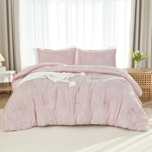 Litanika Blush Pink Queen Bed Comforter Set , 3 Pieces Floral Girls Women Lightweight Bedding Comforter Sets, Cute Flowers Soft Bed Set Gift Choice (90x90In Comforter, 2 Pillowcases)