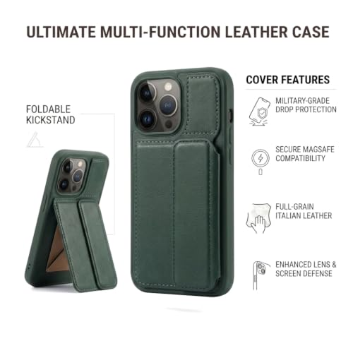 Image of amazon basics Luxury Vegan Leather Back Cover for iPhone 14 Pro | Built-in Card Holder Slot | Integrated Mobile Stand | Slim Shockproof Protective Case with Stitched Finish - Green