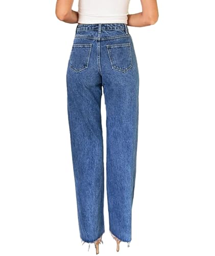 Sexyshine Women's High Waisted Pearl Jeans Beaded Baggy Straight Wide Leg Raw Edge Stretchy Denim Pants3