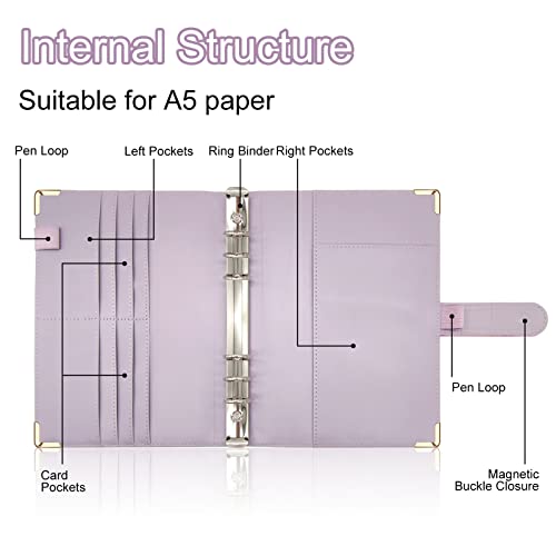 A5 Refillable 6 Ring Leather Budget Binder,Mini Notebook Binder Cover For A5 Filler Paper,Loose Leaf Personal Planner Binder Cover With Magnetic Buckle Closure(Marble Purple) #TOP1