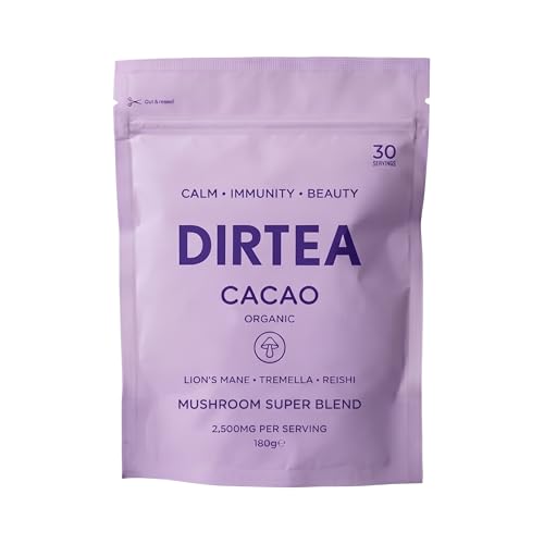 DIRTEA Cacao with Organic Lions Mane - 100% Organic Cacao with MCT & Moringa Reishi & Tremella - 2 500mg per Serving - Vegan & Non GMO - 180g - 30 Servings