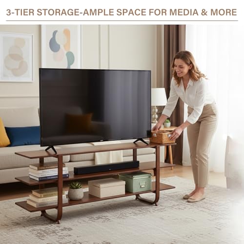 Image of Tiita Walnut TV Stand for 65-Inch TVs, 3-Tier Storage, Modern Media Console