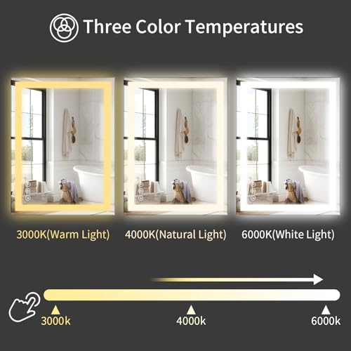 Image of Koonmi 26x38 LED Bathroom Mirror, Backlit + Front Lit, LED Bathroom Mirror with Lights for Wall, 3 Colors, Anti-Fog, Dimmable Brightness, Memory Function, Tempered Glass