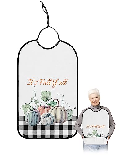 Thanksgiving Pumpkin Adult Bibs for Eating, Waterproof Bibs with Food Catcher & Adjustable Snap Closure, Black and White Plaid Farmhouse Washable Clothing Protectors Adult Bibs for Elderly Women/Men