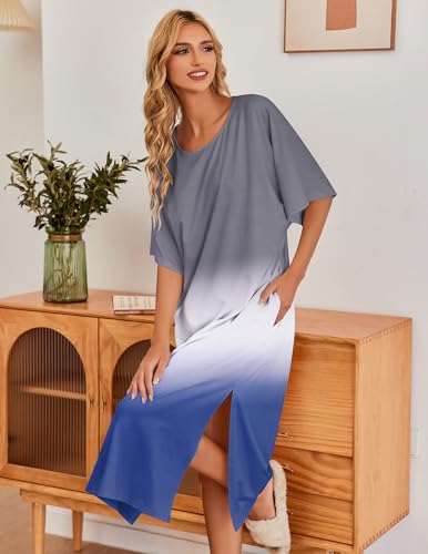 Image of Ekouaer Women's Nightgown Short Sleeve Sleepshirt Long Loungewear Casual Maxi Lounge Dress House Dresses with Pockets