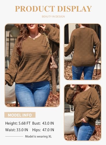 Eytino Womens Plus Size Solid Sweater Tops Casual Checkered Knit Long Sleeve Oversized Pullovers,3X Chestnut thumb #2