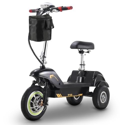 TWOFISH Triciclo Eléctrico Plegable, Potencia máxima 500W Batería de 48V 15Ah, Autonomía de 38 km Ruedas Neumáticos de 12' + 10' 25 km/h, Carga 100 kg,TF-03 (Negro y Amarillo)