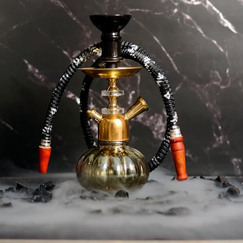 Image of Luxury Glass Hookah, 0% Tobacco & 0% Nicotine - 10 inch, Gold-Plated Stem with Tinted Glass Base, Black Hose (Full Set Combo)