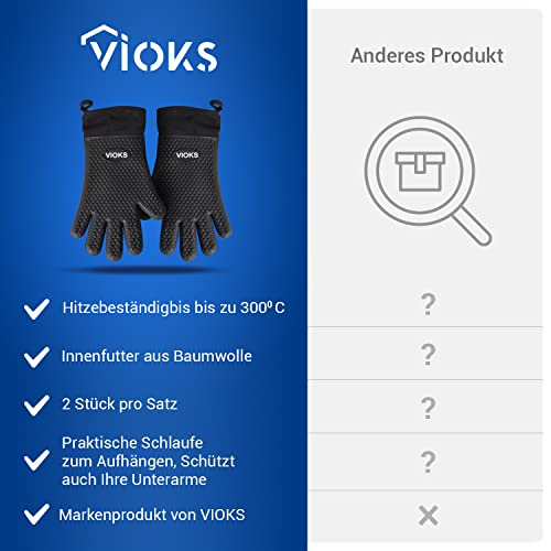 VIOKS 2Stk Backofen Handschuhe Set, Silikon Handschuhe Hitzebeständig für Küche, Silikon Topfhandschuhe mit Baumwollfutter Schwarz für BBQ/Grill