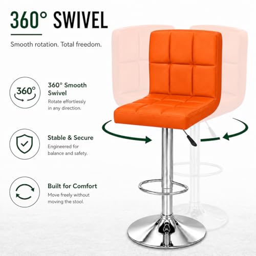 Image of Kemon KaiMeng Modern Adjustable Swivel Bar Stool Chair with Backrest, PU Leather Hydraulic Counter Stool with Footrest for Kitchen Island, Cafe & Home Bar, Orange, Square Tufted Back Stool