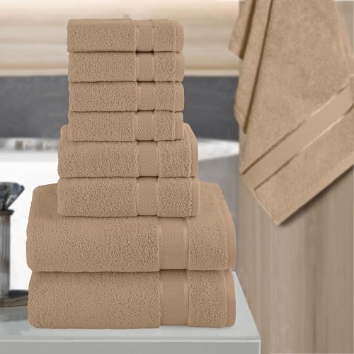Image of Elegant Comfort Premium Cotton 8-Piece Towel Set, Includes 4 Washcloths, 2 Hand Towels and 2 Bath Towels, 100% Turkish Cotton - Highly Absorbent and Super Soft Towels for Bathroom, Taupe