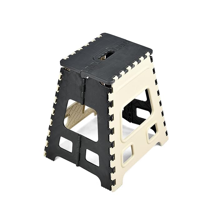 Image of U-MAX 18 Inch Folding Step Stool, Portable, Heavy Duty Plastic with Anti-Slip Surface Space-Saving Foldable Stool for Kids & Adults (Ivory-Black)