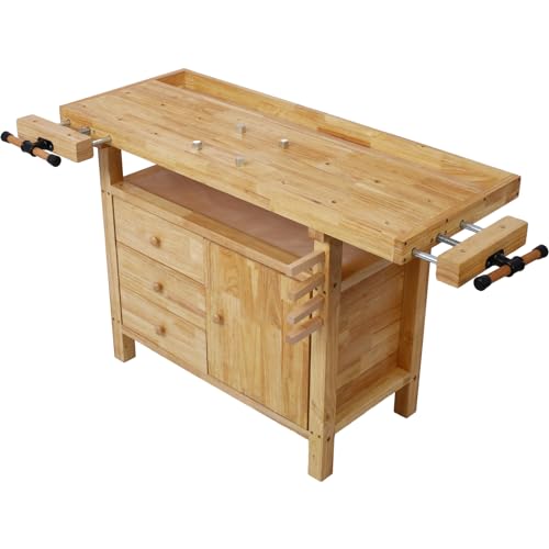 Montary 50-Inch Wood Workbench - Rubber Wooden Heavy Duty Work Bench with 3 Drawers 1 Cabinet Door and Shelf Integrated Vises for Garage Workshop, Woodworking and Home