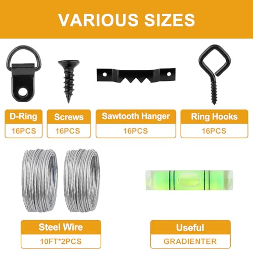 Image of KURUI 303Pcs Picture Hangers for Wall Art Decor Tapestry, Picture Hanging Kit With Heavy Duty Wall Hooks, Sawtooth, Picture Wire, D Rings, Hardware Nails, Eye Hooks, Black Frame Hooks for Drywall Wood