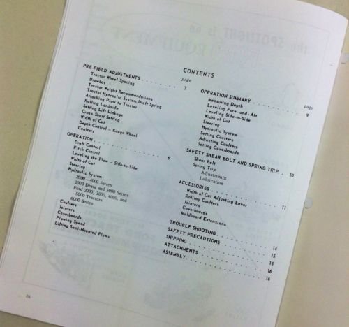 Page from the manual showing table of contents and pre-field adjustments