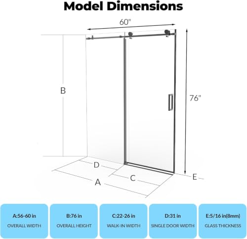Image of 56-60 inch Frameless Sliding Shower Enclosure, 76 inch H, 8mm Glass, Matte Black | Adjustable width, clear tempered glass, for walk-in showers