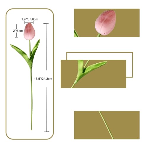 Image of ONLY ART Artificial Dusty Pink Tulips 20 Pcs - 13.5 Inch PU Faux Flowers with Bendable Stems for Home Decor, Wedding Centerpieces, DIY Floral Arrangements, New Year and Valentine's Day