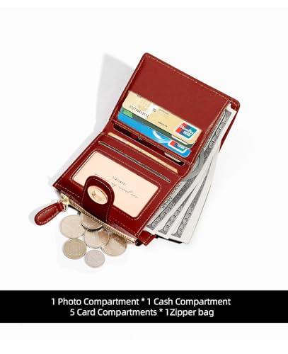 Small Wallet for Women Girls Aesthetic Bifold RFID Blocking Cute Card Holder Leather Mini Short Purse with Zipper Coin Pocket-Flower Lock -red4