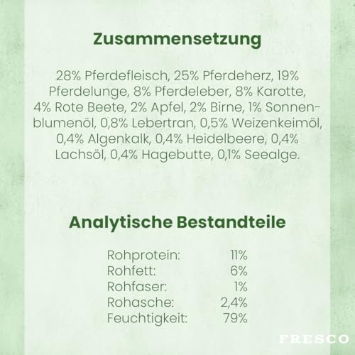 FRESCO Dog NassBarf Pferd 6 x 800g | Hypoallergenes Hundefutter Nass getreidefrei | Mono-Protein & 80% Frischfleisch | Nassfutter für Hunde ohne künstliche Zusätze | Aus Deutschland