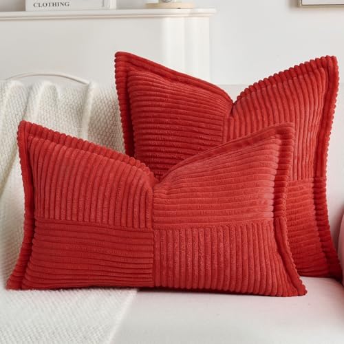 HAUSSY 2 Pack Pillow Covers 20x20 Inch, Corduroy Decorative Throw Pillows Soft Boho Striped Solid Couch Cushion Covers Home Decor Accent Modern Pillow Cases for Living Room Sofa Bed, Red (Covers Only) by HAUSSY - Image 6