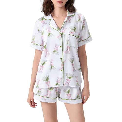 Women Silk Satin Pajama Shorts Set Y2k 2 Piece Outfits Matching Pj Set Cute Short Sleeve Preppy Shirt Pjs Short Set