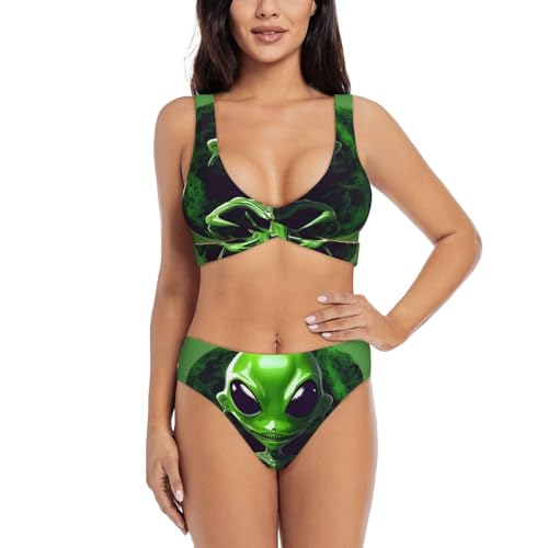 Maillot de bain 2 pièces pour femme avec contrôle du ventre taille haute imprimé alien vert