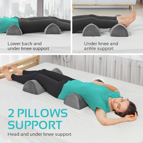 Image of CUSHIO Semi Roll Bolster Pillow | Memory Foam Half Moon Bolster Support Cushion for Neck, Back, Knees & Legs | Ergonomic Orthopedic Pillow with Soft Velvet Cover (Light Grey) Pack of 2