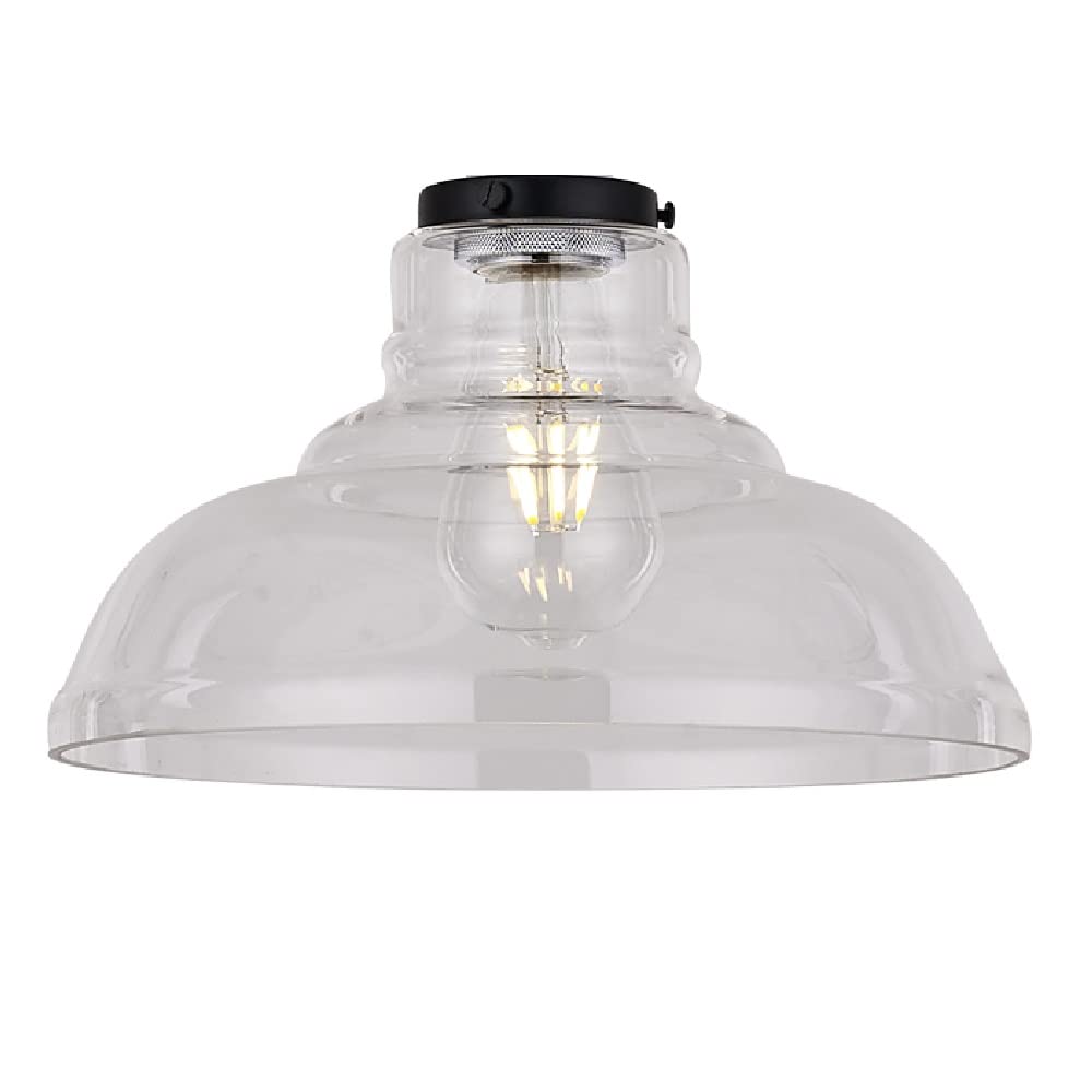 Britalia Clear Glass Clear Shallow Dome Glass Vintage Easy Fit Pendant Light Shade | 28Cm Diameter | Black Metal Top Cap | None Electric Retro Ceiling Light | Fits E27 Es Lampholders