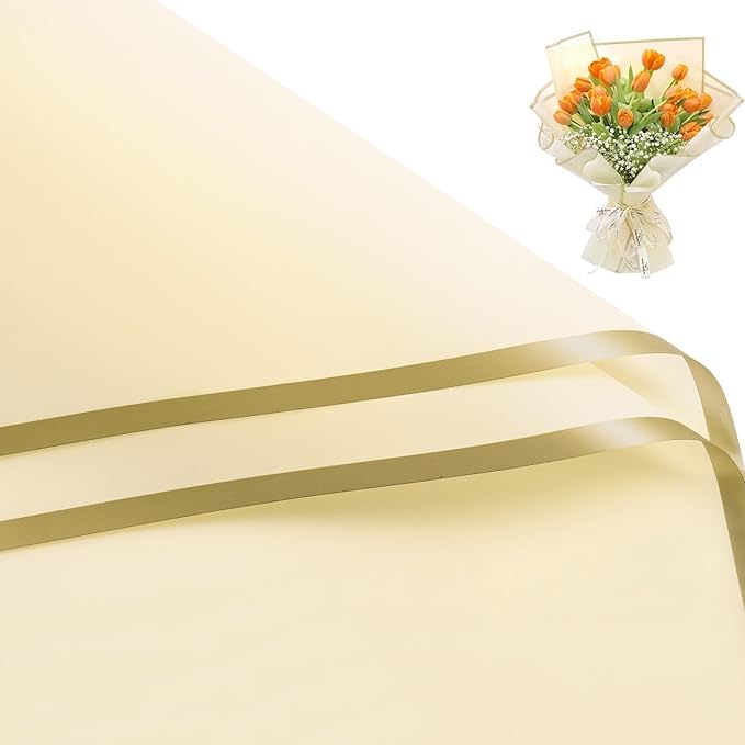 Image of Zarwani - 10 Sheets Korean Style Waterproof Yellow Bouquet Wrapping Paper (58cm x 58cm, 60 Microns) | Golden Border Design, Giftwrap for Flowers & DIY Gift Wrapping Paper (10, Gold Border Yellow)