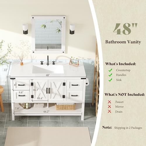 AMERLIFE 48” Farmhouse Bathroom Vanity with Sink, Freestanding Cabinet with 4 Drawers, Double Barn Doors & Open Shelf, Rustic Storage for Master or Family Bathroom, Antique White