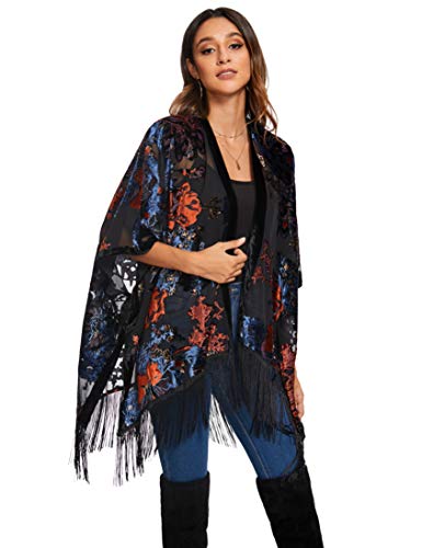 Image of MJ SERECA Women's Burnout Velvet Kimono Cardigan Cover Up with Tassel