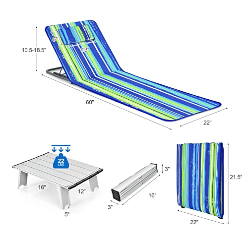 Gymax Beach Chairs, Folding Tanning Lounge Chairs With Table Set, Adjustable Patio Floor Chair, Outdoor Sunbath Chair With Desk, Pillow & Storage Bag For Outside, Patio, Poolside (Blue Stripe) #TOP6