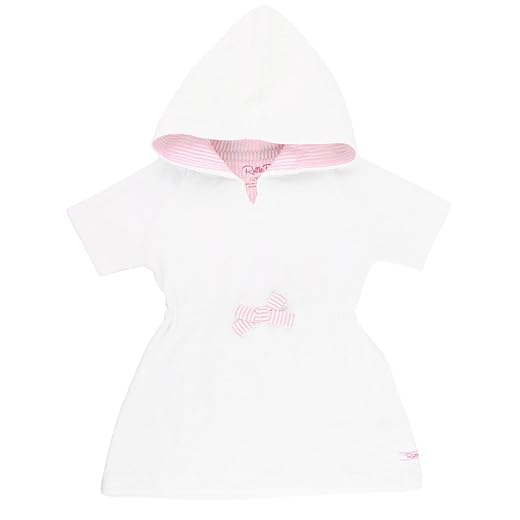 RuffleButts® Baby/Toddler Girls White w/Pink Seersucker Terry Hoodie Swimsuit Cover-Up - 6-12m