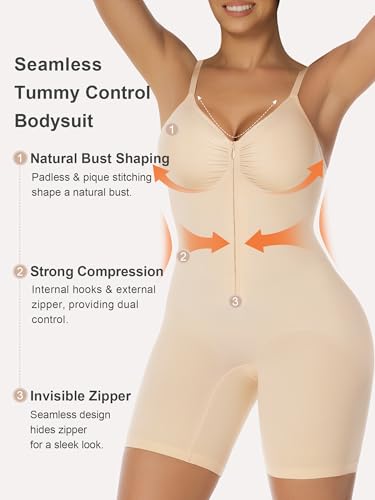 Image of SHAPERX Women's Shapewear Bodysuit Tummy Control Seamless Zip-Up Body Shaper Waist Defining Silhouette
