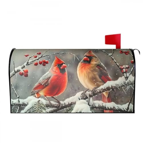 Winter Cardinal Birds Mailbox Cover Winter Mail Box Covers Holly Berry Branches Snow Magnetic Mailbox Wraps Post Letter Box Wrap 18X 21 for Garden Outdoor Decor