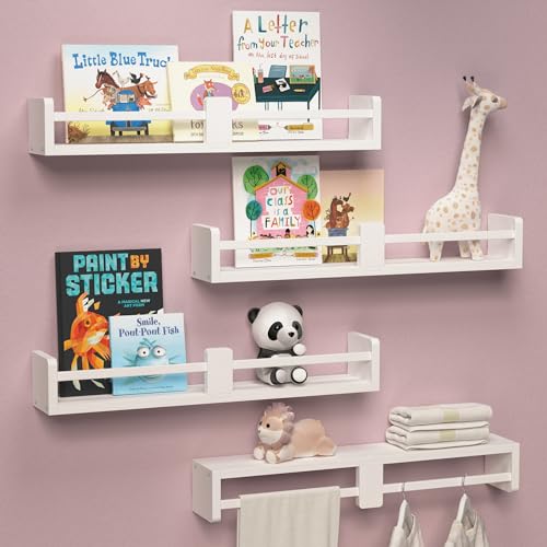 Image of Boswillon 24 Inch White Nursery Book shelves, Floating Shelves Set of 4, Wall Mounted Hanging Shelves for Kids Room Wall, White Wall Shelves, Baby Book Shelves for Kids Bedroom Decor Organizer - White