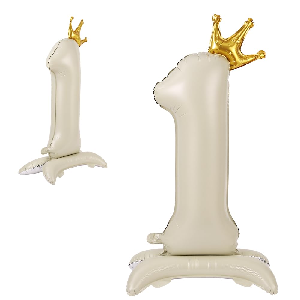 APXEL Off-white Standing Crown Number 1 Balloons, 42 Inch Large Foil Number 1 Balloons, Self Inflating 1th Birthday Balloon for 1 Year Anniversary Birthday Party Christmas Decorations