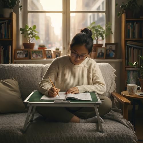 Image of YAJNAS Multipurpose Portable Green Chalkboard Study Laptop Table (15x23 Inch) | Height Adjustable Foldable Lap Desk & Bed Table for Kids, Home, Office, Online Classes & Learning | with Chalk & Duster