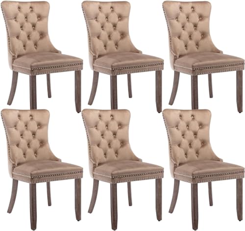 Velvet-Dining-Chairs-Set-of-6-Tufted-Dining-Room-Chairs-with-Nailhead-Ring-Pull-Trim-Upholstered-Dining-Chairs-with-Solid-Wood-Legs-for-Kitchen-Dining-Room-Khaki Velvet Dining Chairs Set of 6 Tufted Dining Room Chairs with Nailhead Ring Pull Trim Upholstered Dining Chairs with Solid Wood Legs for Kitchen Dining Room Khaki