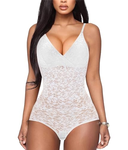 BRABIC Lace Bodysuit for Women Tummy Control Shapewear Sleeveless Tops V-Neck Backless Camisole Jumpsuit Shaper (White, Small)