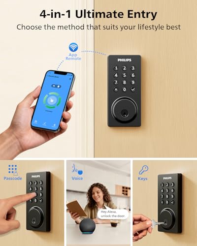 Philips Smart Lock, Smart Door Lock Built-in WiFi, App Remote Control, Keyless Entry Door Lock for Front Door, Deadbolt Lock Auto Lock, Support Alexa & Google, IP54 Waterproof, Black - Image 5