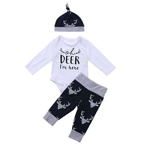Image of Youweixiong Newborn Baby Boy Girl Oh Deer I'm Here Romper Reindeer Pants Hat Coming Home Outfit 3pcs Fall Clothes Set (Dark Blue Reindeer, 0-3M)